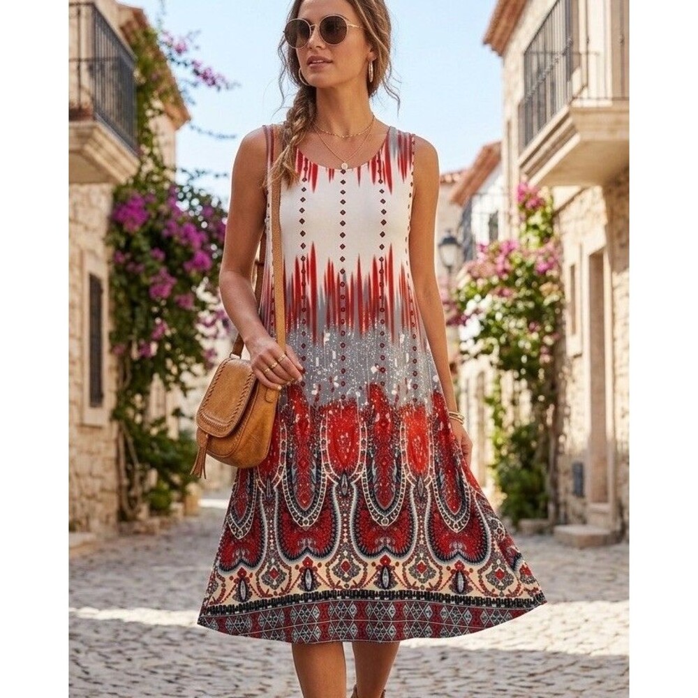 REBORN Boho Southwest Print Tank Dress Sz L Red Gray Paisley Tribal Knee Length
